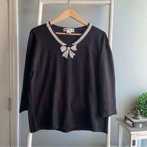 Cathy Daniels Black Long Sleeve Knit Top with Pearl Bow